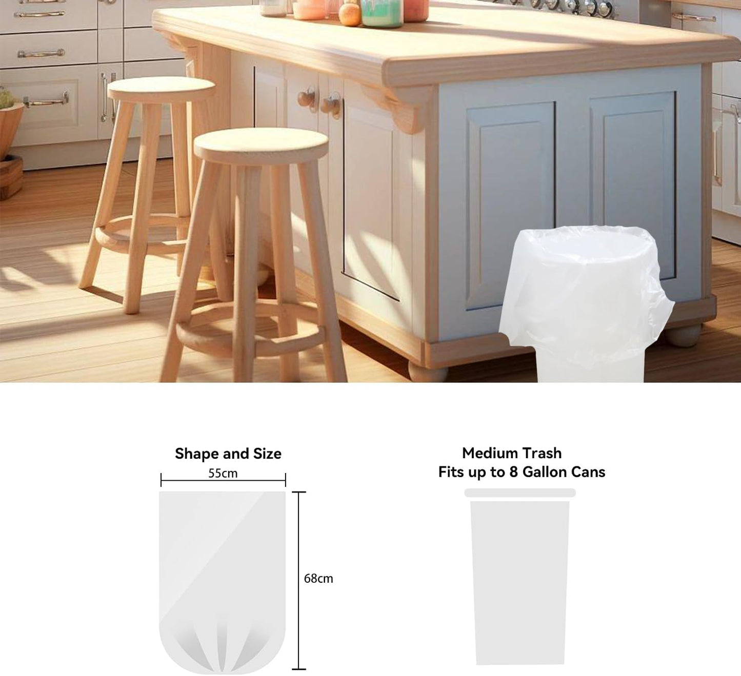 8 Gallon Trash Bags, 40 Count, Garbage Bags, No Flaps/Ties, 55x68cm,8.4g/pcs, Unscented, White