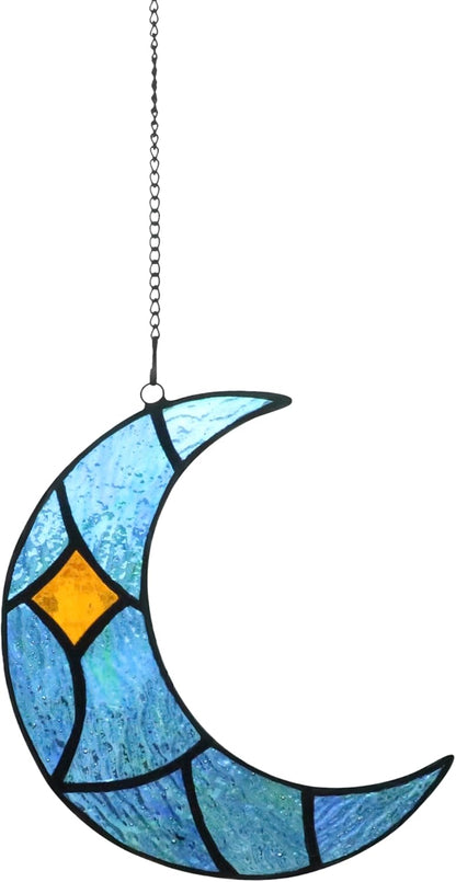 Moon Stained Glass Window Hanging Suncatchers，Handcrafted Art Glass Crescent Moon Decorations Indoor Window Gift for Women, Christmas,Thanksgiving (Blue)