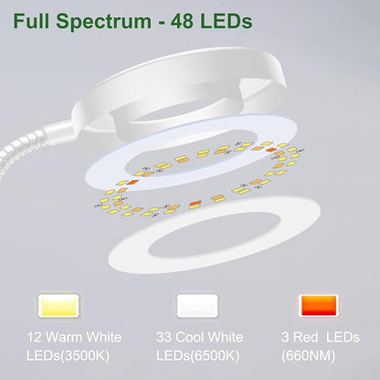 Wolezek 2 in 1 Grow Lights for Indoor Plants, 3 Colors Plant Lights for Indoor Growing with 360° Gooseneck, 48 LEDs Full Spectrum Plant Grow Lights Indoor, 6/12/16H Timer, 5 Brightness, White 2 Pack