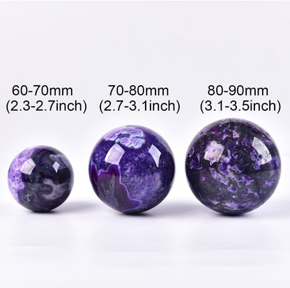 JIC Gem 3.1-3.5 inch(80-90mm) Large Purple Moss Agate Crystal Sphere Quartz Crystal Ball with Stand Healing Ornament Witchcraft Meditation Decor