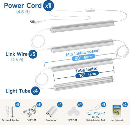 Plant Lights for Indoor Growing Seedlings - 16 in Long, 4-Count (10W x4) Full Spectrum T5 Grow Light Bars for Seed Starting, 4000K White LED Grow Lamp w/Reflectors for Shelf/Rack