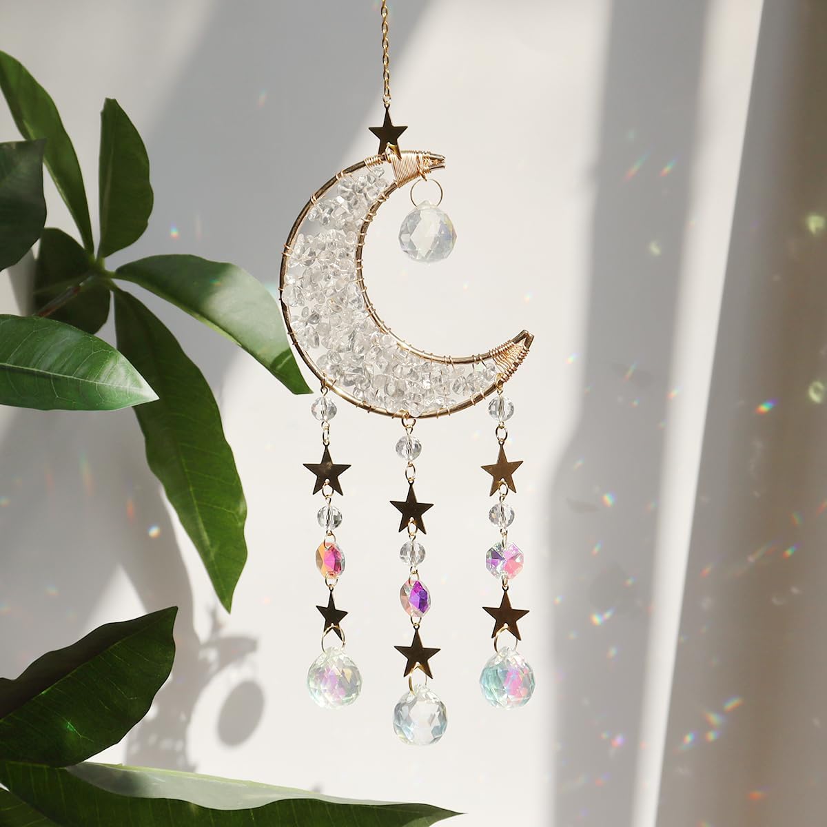Moon Suncatcher Hanging Decor, Boho Chic Clear Quartz Crystal Sun Catcher, Spritual Sun Light Catcher for Windows, Crescent Moon Housewarming Gift(Clear Quartz)