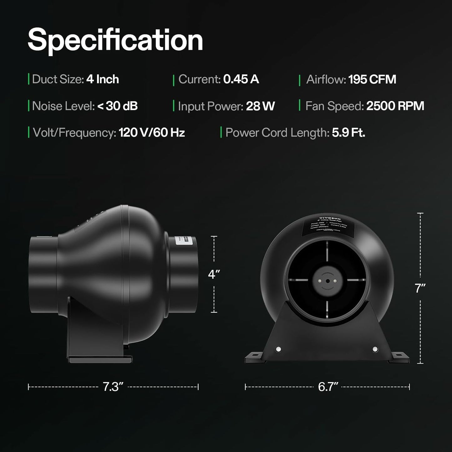 VIVOSUN D4 4 Inch 195 CFM Inline Duct Ventilation Fan HVAC Vent Blower for Hydroponics Grow Tent