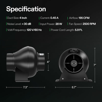 VIVOSUN D4 4 Inch 195 CFM Inline Duct Ventilation Fan HVAC Vent Blower for Hydroponics Grow Tent