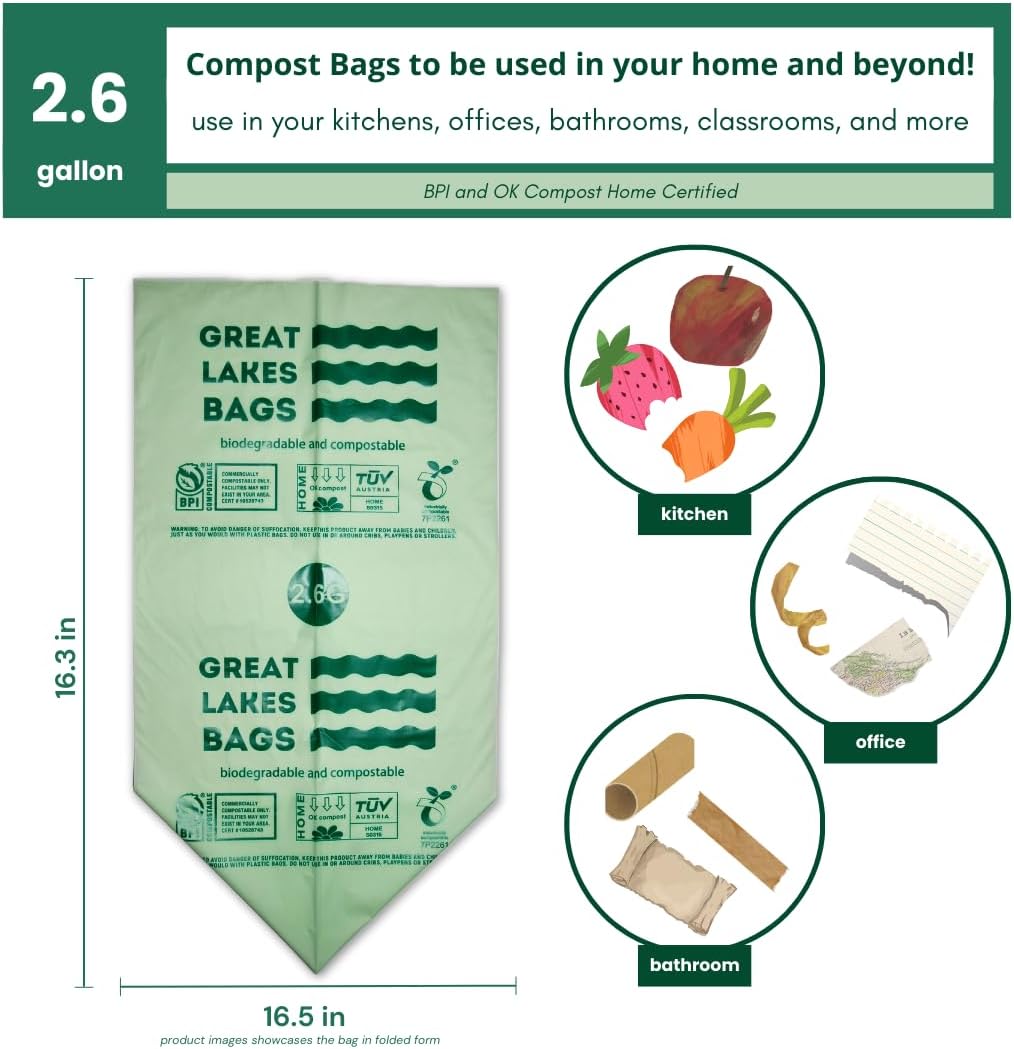 Great Lakes 2.6 Gallon Compostable and Biodegradable Trash Bag, 100 Count, Small Compostable Bag For Kitchen Food Scrap, Bathroom, Office, Certified by BPI and OK Compost Home