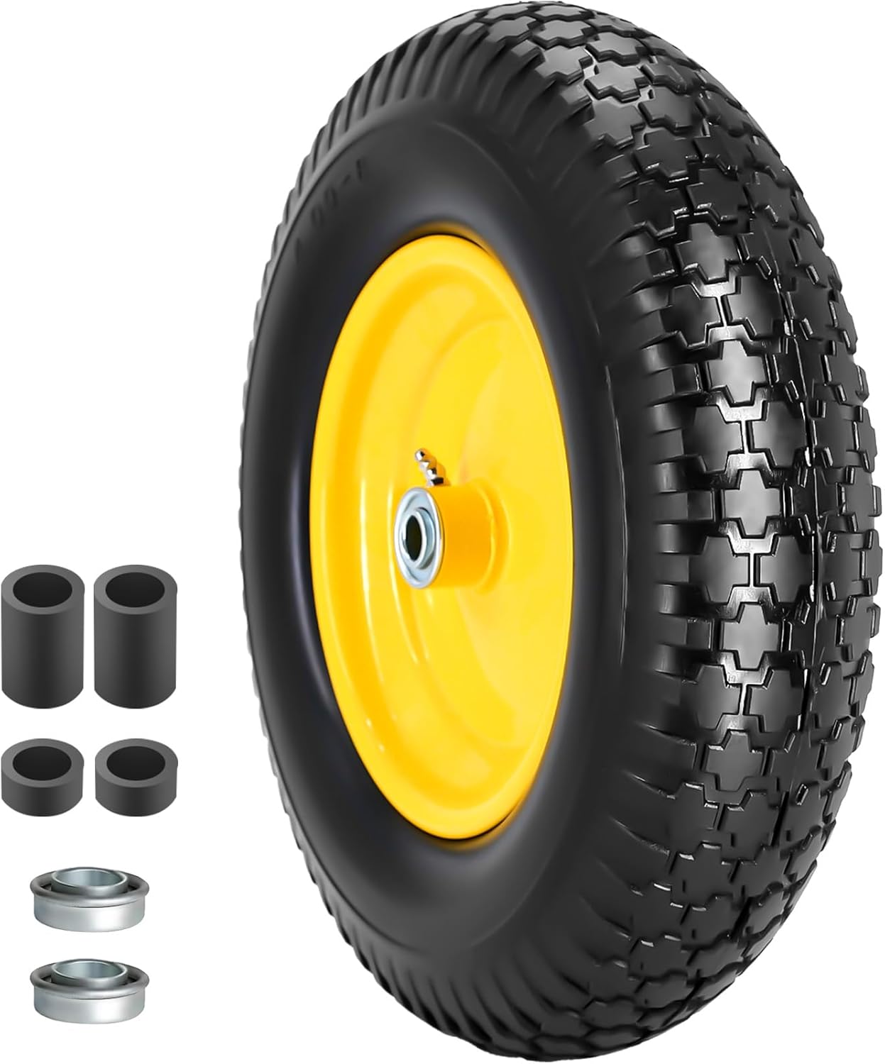 16" 4.80/4.00-8" Flat-Free Solid Wheelbarrow Wheel and Tire, 3"-7"Centered Hub with 5/8"&3/4" Bearings for Wheelbarrows Utility Cart Lawn Dollies