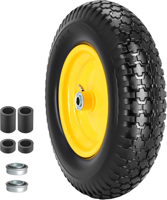 16" 4.80/4.00-8" Flat-Free Solid Wheelbarrow Wheel and Tire, 3"-7"Centered Hub with 5/8"&3/4" Bearings for Wheelbarrows Utility Cart Lawn Dollies