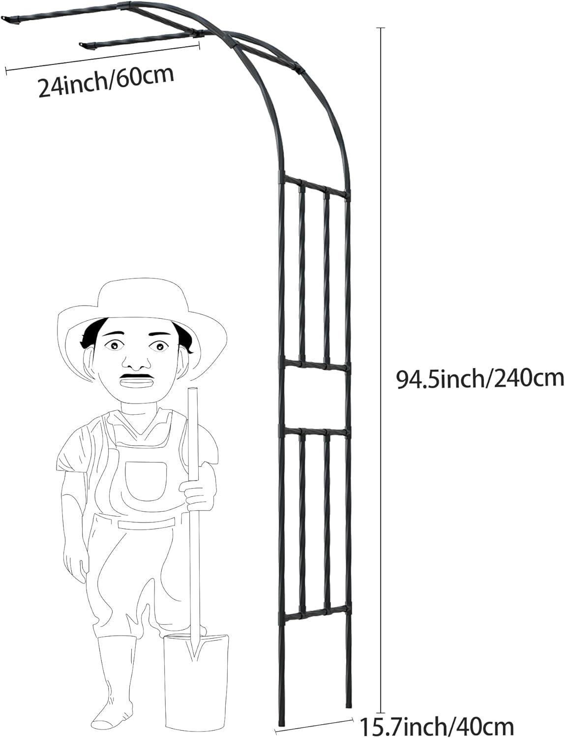 Half Sided Garden Arch, 24’’x94.5’’ Arbor Trellis, Trellis for Climbing Plants Outdoor, Garden Arch Arbor for Flower, Climbing Vine Vegetable, Fruit, Home Yard and Lawn(Black)
