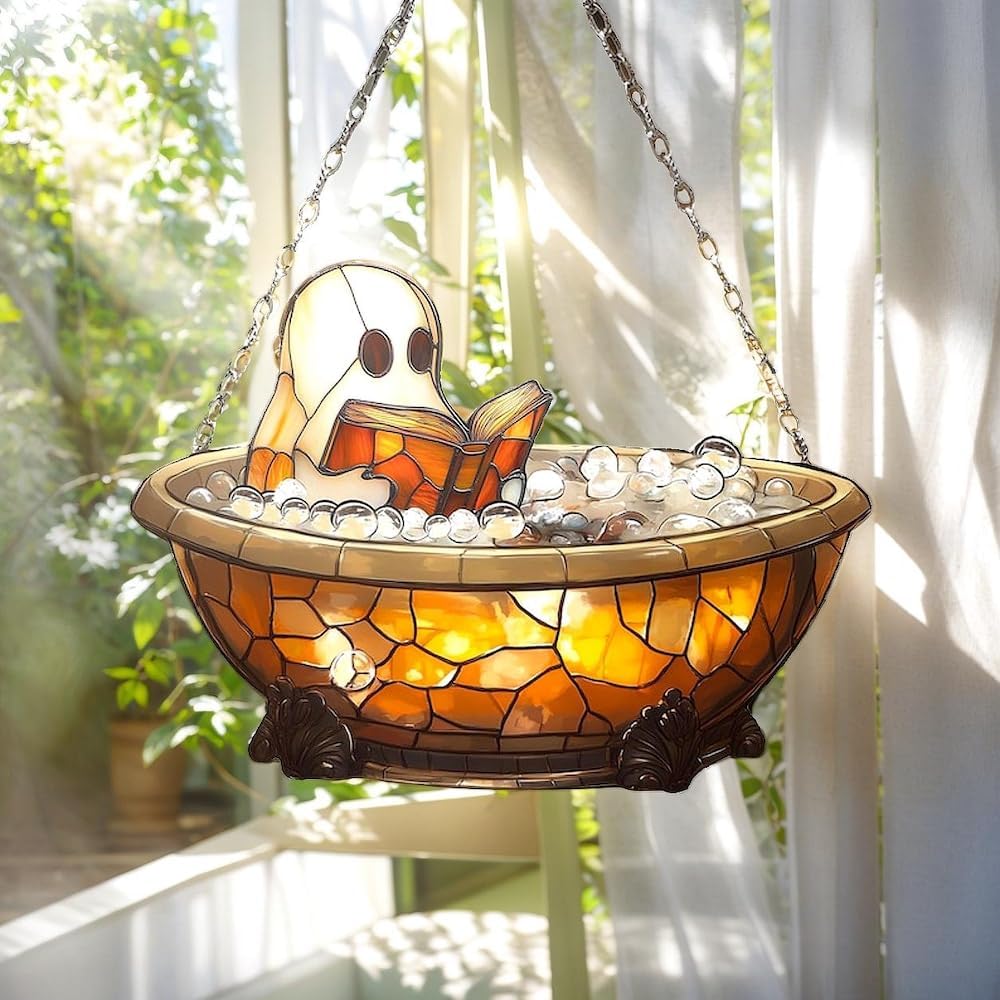 Cute Ghost Book Acrylic Suncatcher Stained Glass Effect Window Car Hanging Christmas Ornament Indoor Outdoor Decor Garden Sun Catcher Panel for Halloween Lover for Women Mom Grandma
