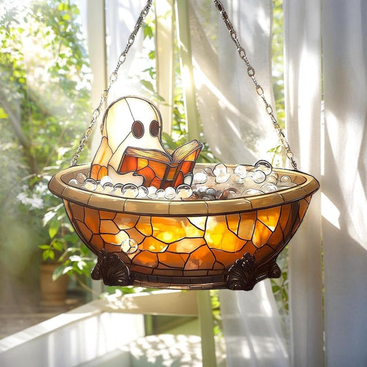 Cute Ghost Book Acrylic Suncatcher Stained Glass Effect Window Car Hanging Christmas Ornament
