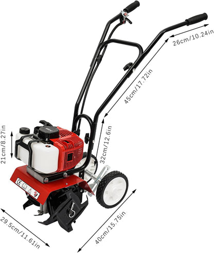 52CC 2 Stroke Mini Tiller Cultivator, Garden Tiller Gas Powered Hand Rotary Cultivator Rototiller Garden Tool with Long Handle for Garden & Lawn, Digging, Weed Removal & Soil Cultivation.
