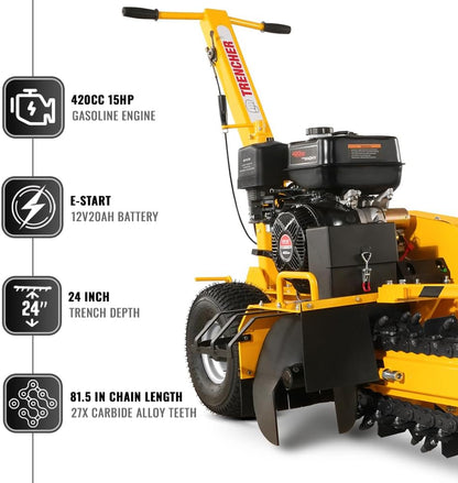 420cc 15HP E-Start Gas Powered Cable Ditching Trencher, 24'' Trench Depth, 27pcs Carbide Alloy High-Pressure Teeths, TCR1500 (Yellow)