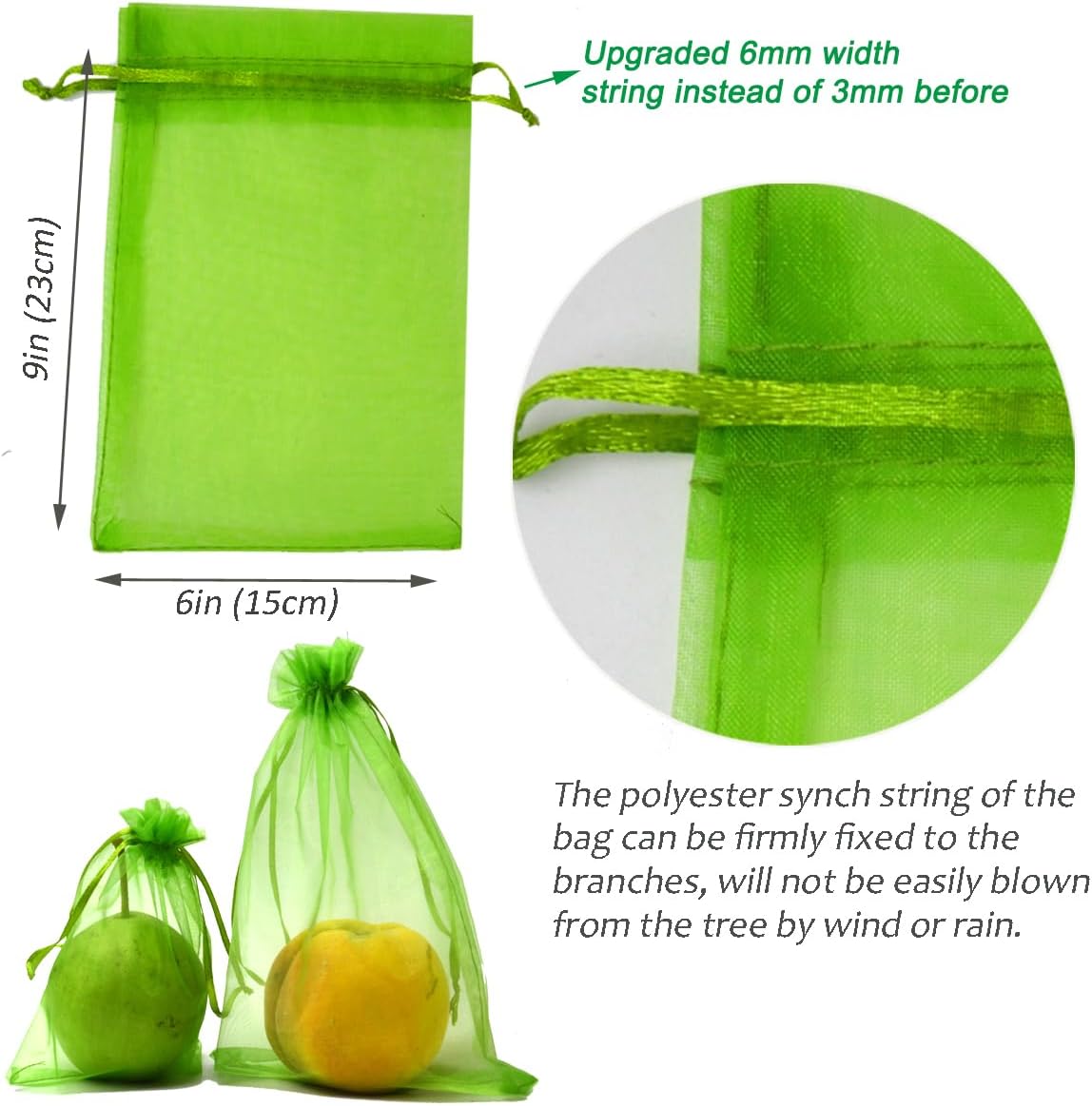 50PCS Fruit Protection Bags, 9x6'' Green Netting Bags for Fruit Trees, Garden Fruit Cover Mesh Bags with Drawstring for Plant Fruit Flower and Vegetables