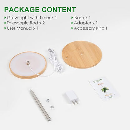 LORDEM Bamboo Grow Light, LED Plant Light for Indoor Plants Growing, Full Spectrum Bamboo Desk Growth Lamp with Automatic Timer for 4H/8H/12H, 4 Dimmable Levels, Height Adjustable
