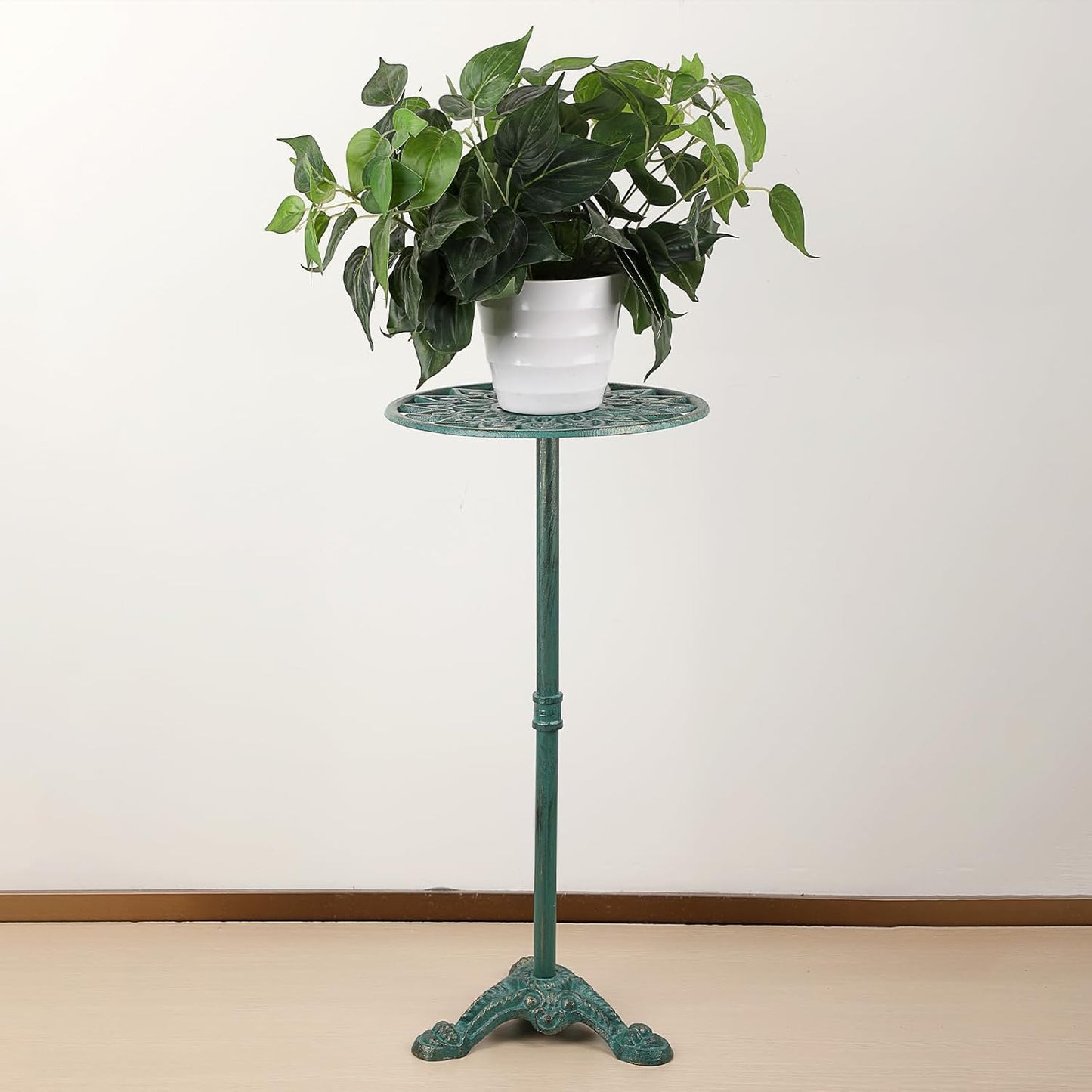 OwnMy Cast Iron Tall Plant Stand Heavy Duty Flower Pot Holder, Decorative Pedestal Potted Plant Rack, Indoor Outdoor Wrought Iron Large Single Plant Stand for Patio Garden Home, Antique Green