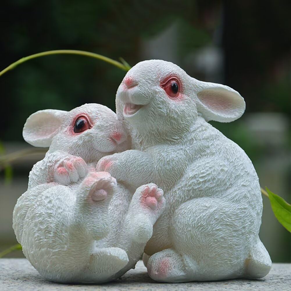 Garden Statues Bunny Decor Resin Hug Rabbit Figurine Cute Fairy Garden Decor Outdoor Statues for Patio Yard Porch Balcony Gifts for Women Mom Grandma White