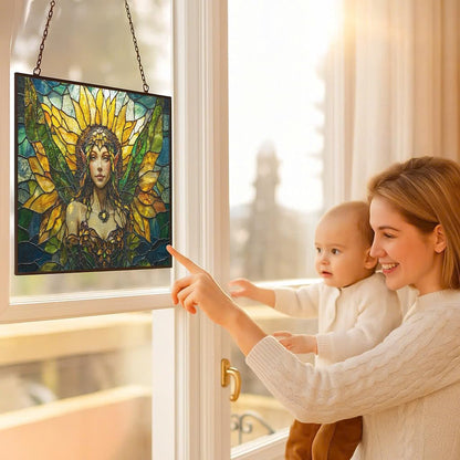 Customized Rectangle Art Nouveau Sunflower Elf Stained Glass Window Hanging Sun Catcher Halloween Haning Ornament Decoration Christmas Birthday Gifts for Lover Friends Mother Day