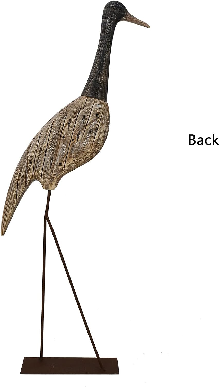 Morning View Wooden Crane Decor Wood Sea Birds Statue Bird Figurines Seabird Statue Standing Cranes Decorations Coastal Sculpture Nautical Beach Ocean Home Table Garden Yard Lawn Outdoor 31 Inch
