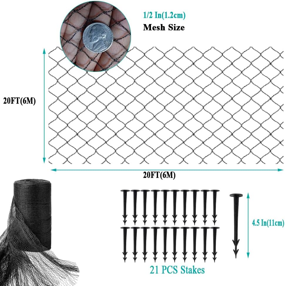 Koi Pond Netting for Leaves 20x20 Ft, 1/2 in Strong Woven Fine Mesh Pond Leaf Net Cover, Protecting Koi Fish from Herons, Raccoons, Birds, Cats & Predators, 21 Pcs Stakes Included