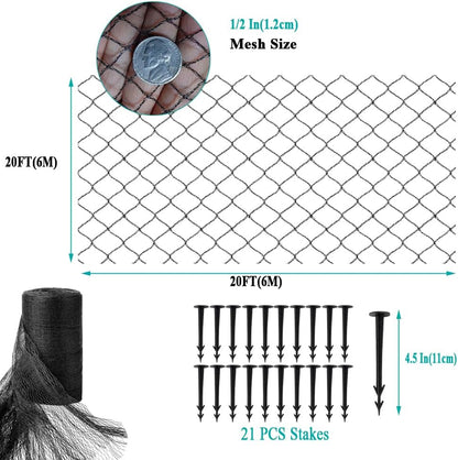 Koi Pond Netting for Leaves 20x20 Ft, 1/2 in Strong Woven Fine Mesh Pond Leaf Net Cover, Protecting Koi Fish from Herons, Raccoons, Birds, Cats & Predators, 21 Pcs Stakes Included