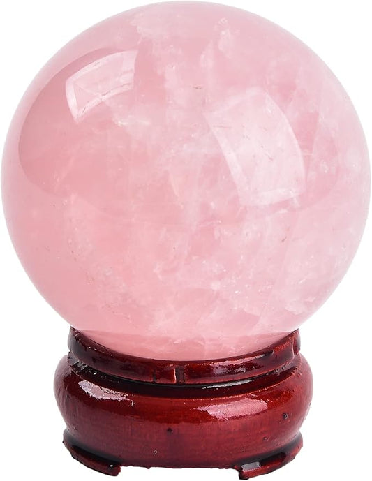 JIC Gem 2.5 Inch Natural Pink Rose Quartz Magic Crystal Healing Ball Ornament Sphere with Wood Stand for Decoration, Meditation, Scrying Mirror, Feng Shui.