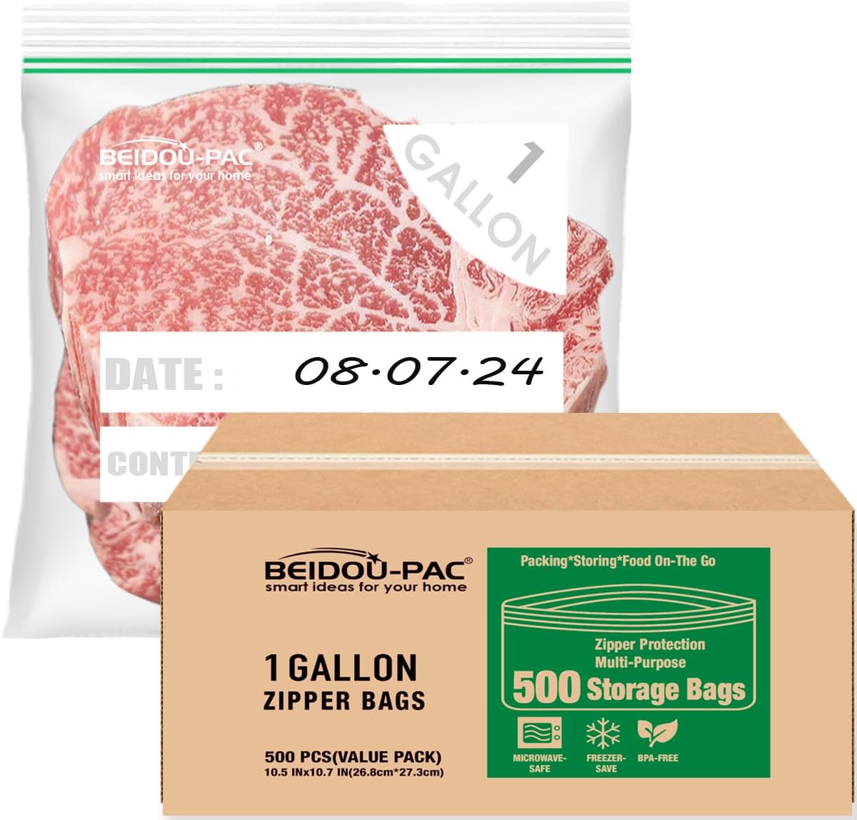 Gallon Food Storage Freezer Bags, 500 Count | Double Zipper | 10.5" * 10.7", Freshness Easy Open Reclosable Clear Plastic Bags