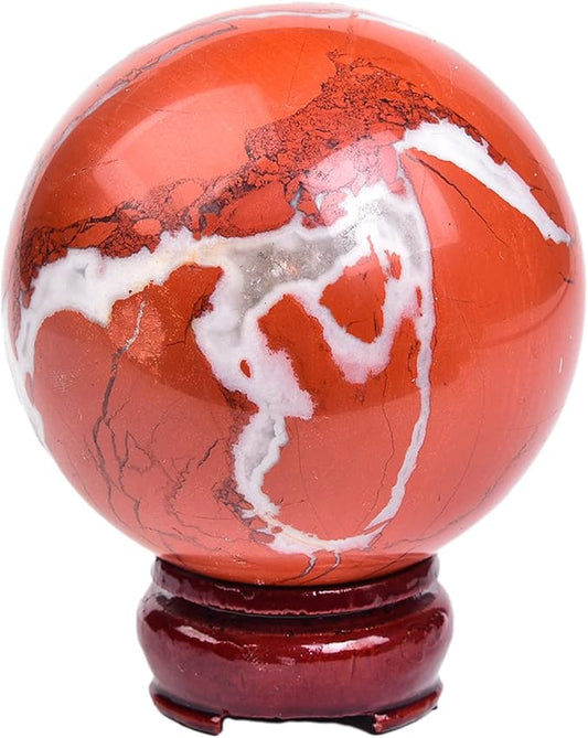 JIC Gem Red Jasper Crystal Ball Natural Quartz Crystal Sphere Stone Ball with Wooden Base (70-80mm)