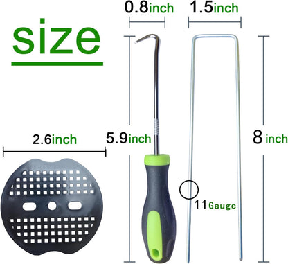 150 Pack Landscape Staples with 150 Gaskets, 8-Inch Garden Stakes, 11 Gauge Galvanized U-Shaped Pins for Weed Barrier Fabric