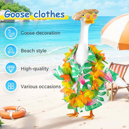 Hawaiian Porch Goose Outfits,2025 New Yard Goose Clothes Hawaiian Wreath with Straw Hat Glasses,4 Pcs/Set Summer Lawn Goose Costume,for 23" Statue Patio Garden Decoration