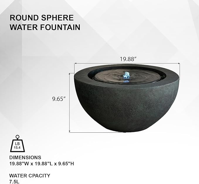Xbrand 19.8" W Round Polyresin Indoor/Outdoor Sphere Water Feature w/LED Light, Garden Patio Fountain Decor, Dark Green, ALLS3542-2