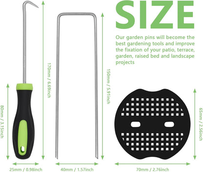 BDS-HOME 100sets Heavy Duty Garden Landscape Staples and Fixing Gasket with 1pc Pick Hook, 11 Gauge U Shaped Lawn Staples for Irrigation Hoses, Yard Weed Barrier, Fences and Tents, Decorations Fixed