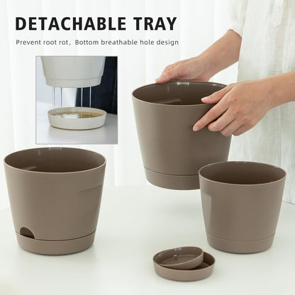 5 Pack Plastic Planters with Drainage, Self Watering Pots for Indoor Plants, Small Cute Plastic Pots in 5 Sizes, Ideal for Indoor Plants (Brown)