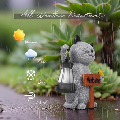 Cat Garden Statues with Solar Lantern, Outdoor Figurine Resin Sculpture Hanging Solar Power Lights for Decoration Yard Patio Balcony Lawn Ornament Art Decor, Unique Gift for Grandma Wowen Mom