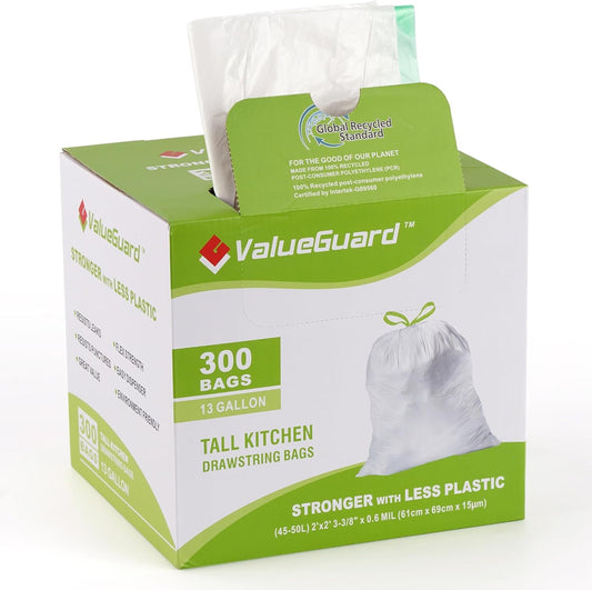 Large Trash Bags 13 Gallon Tall Drawstring 100% Post-Consumer Recycled Garbage Bag Waste Bag for