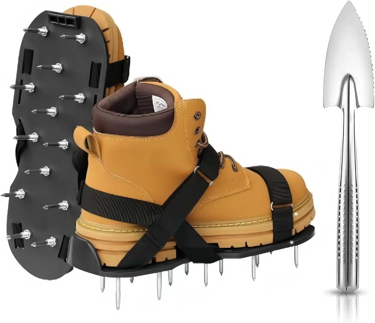 Lawn Aerator Shoes with Hook & Loop Straps with Shovel for Grass, Heavy Duty Spiked Aerating Sandals for Yard Patio Lawn Garden, Aerator Lawn Tool or Screed Shoes, One Size Fits All, Black Epoxy Shoes