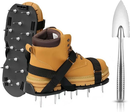Lawn Aerator Shoes with Hook & Loop Straps with Shovel for Grass, Heavy Duty Spiked Aerating Sandals for Yard Patio Lawn Garden, Aerator Lawn Tool or Screed Shoes, One Size Fits All, Black Epoxy Shoes