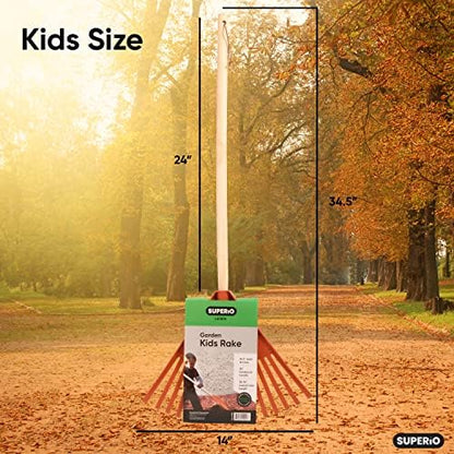 Pack of 3 Kids Rake with Hardwood Handle, Durable Plastic Head to Sweep Leaves in Lawn and Tidying Up The Garden, 34" (Orange)