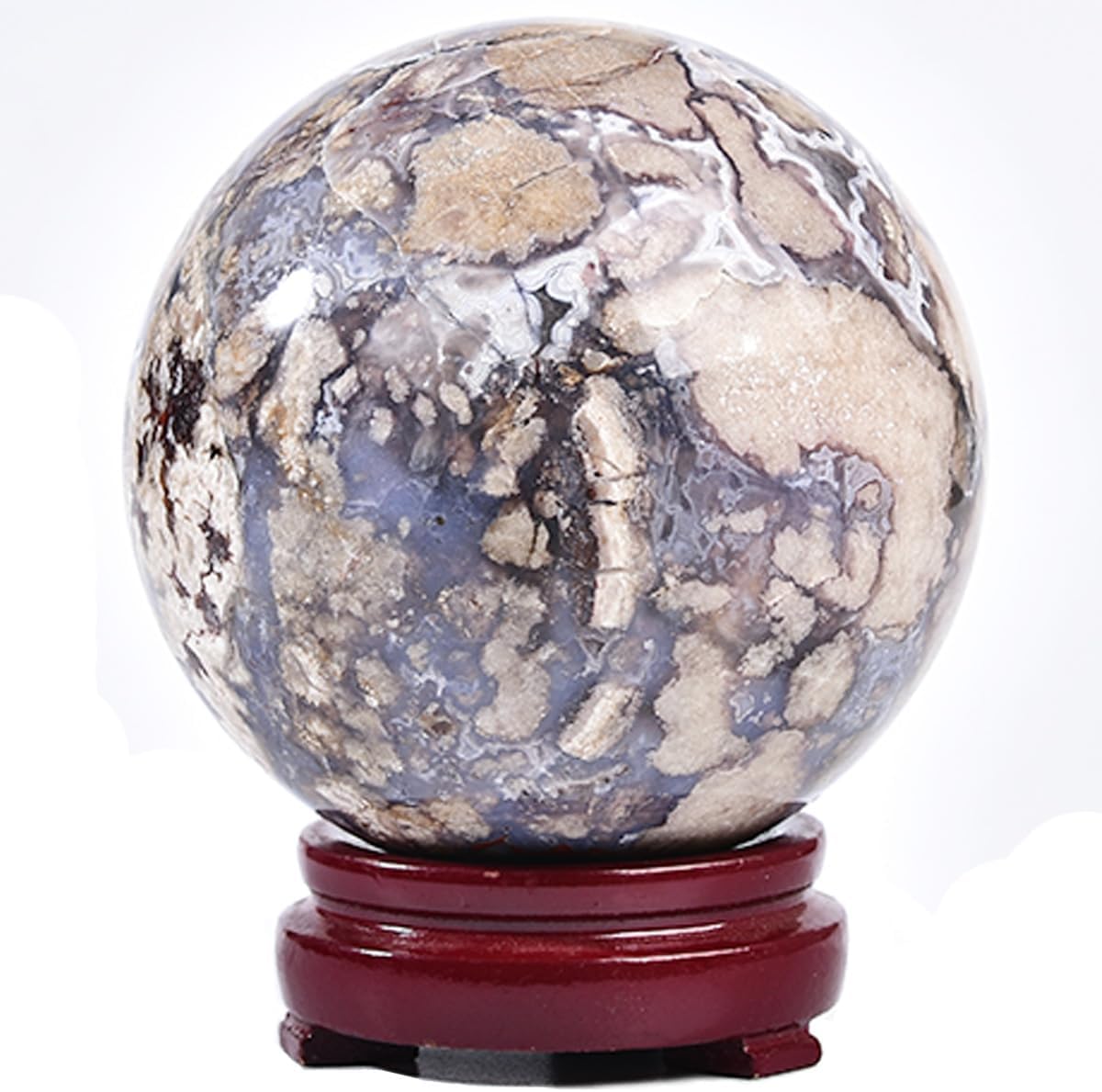 JIC Gem Large Blue Cherry Blossom Agate Crystal Ball with Stand Crystal Sphere Natural Sakura Flower Agate Stone Reiki Healing Meditation Witchcraft Home Decor 3.5-4 inch(90-100mm)