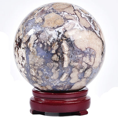JIC Gem Large Blue Cherry Blossom Agate Crystal Ball with Stand Crystal Sphere Natural Sakura Flower Agate Stone Reiki Healing Meditation Witchcraft Home Decor 3.5-4 inch(90-100mm)