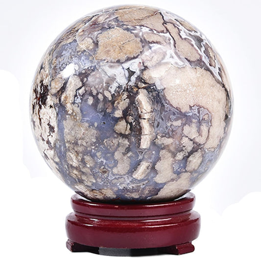 JIC Gem Large Blue Cherry Blossom Agate Crystal Ball with Stand Crystal Sphere Natural Sakura Flower Agate Stone Reiki Healing Meditation Witchcraft Home Decor 3.5-4 inch(90-100mm)