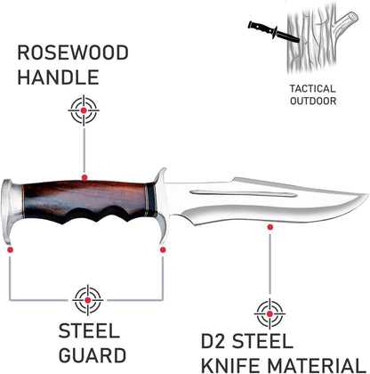 17 Inch D2 Large Bowie Knife with Sheath, Fixed Blade Hunting Knife, used for Bushcraft, Outdoor, and as a Camping Knife - Survival knife