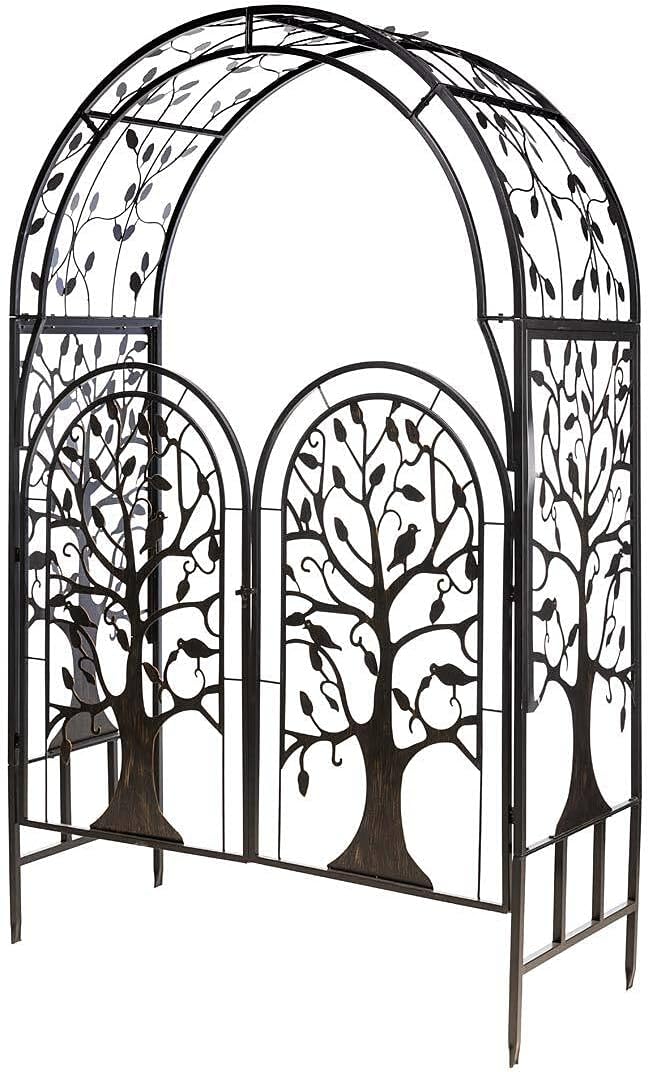 Plow & Hearth Metal Tree of Life Arched Garden Arbor w/Gate | Laser-Cut Design | Plant Support | Landscape Focal Point | Steel | 53" W x 22¾"D x 84" H