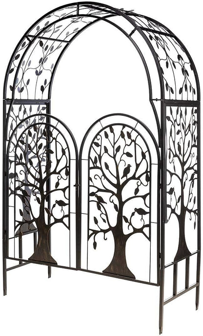 Plow & Hearth Metal Tree of Life Arched Garden Arbor w/Gate | Laser-Cut Design | Plant Support | Landscape Focal Point | Steel | 53" W x 22¾"D x 84" H