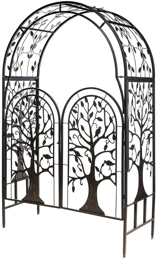 Plow & Hearth Metal Tree of Life Arched Garden Arbor w/Gate | Laser-Cut Design | Plant Support | Landscape Focal Point | Steel | 53" W x 22¾"D x 84" H