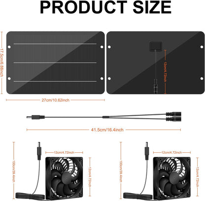 Solar Powered Fan Kit 12.6 Inch IPX7 Weatherproof, 15W Solar Panel with 2 Waterproof Fans, Intake or Exhaust Air Fan for Outside Backyard Chicken Coops, Greenhouses, Doghouse