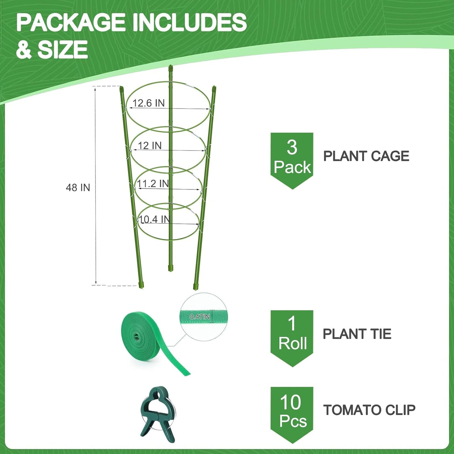KLS 3 Pack Tomato Cage for Pots Plant Support, 48 Inches Tomato Cages for Garden Cucumber Trellis for Raised Bed, Pepper Cage Trellis Kit with Plant Tie and Clips (48")