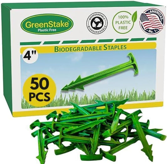 Pack of 50 - GreenStake 4-Inch Biodegradable Garden Stakes, Superior Holding Power - Eco-Friendly Garden Support Pegs & Fabric Pins for Membrane, Netting, Turf, Landscaping and Gardening