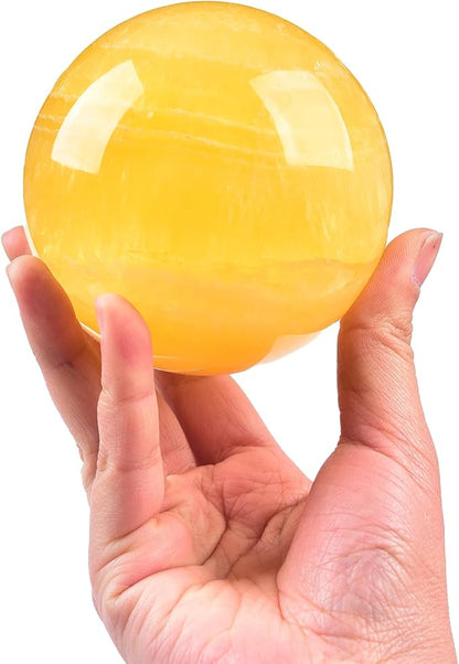 JIC Gem Large Yellow Fluorite Crystal Sphere with Stand Gemstone Decorative Ball for Home Decor Altar Reiki Crystal Gift 80-90mm