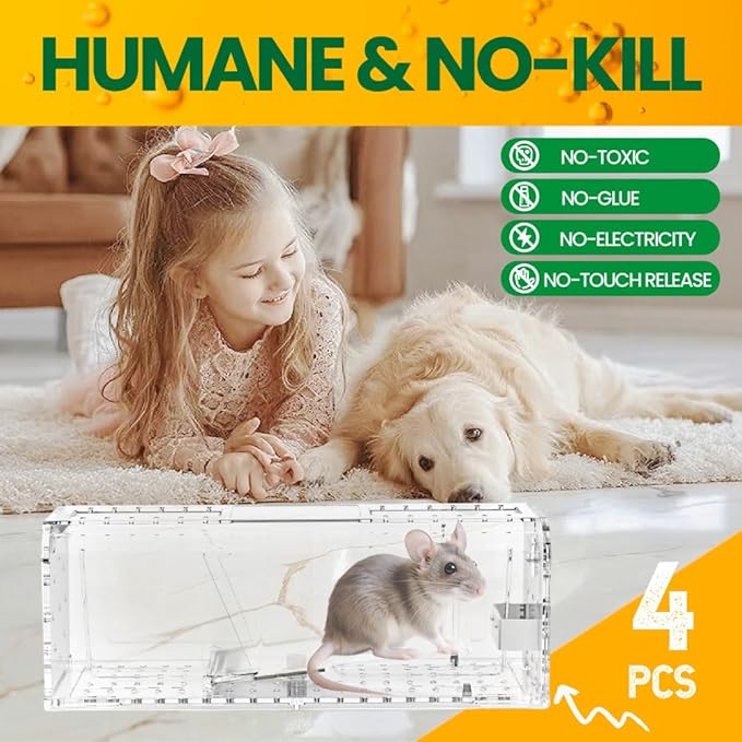 4PCS Humane Mouse Trap No Kill， Live Catch and Release Mouse Traps for Small Rat Rodent, Mousetrap Catcher Indoor and Outdoor, Easy to Use & Clean Reusable and Release Mice