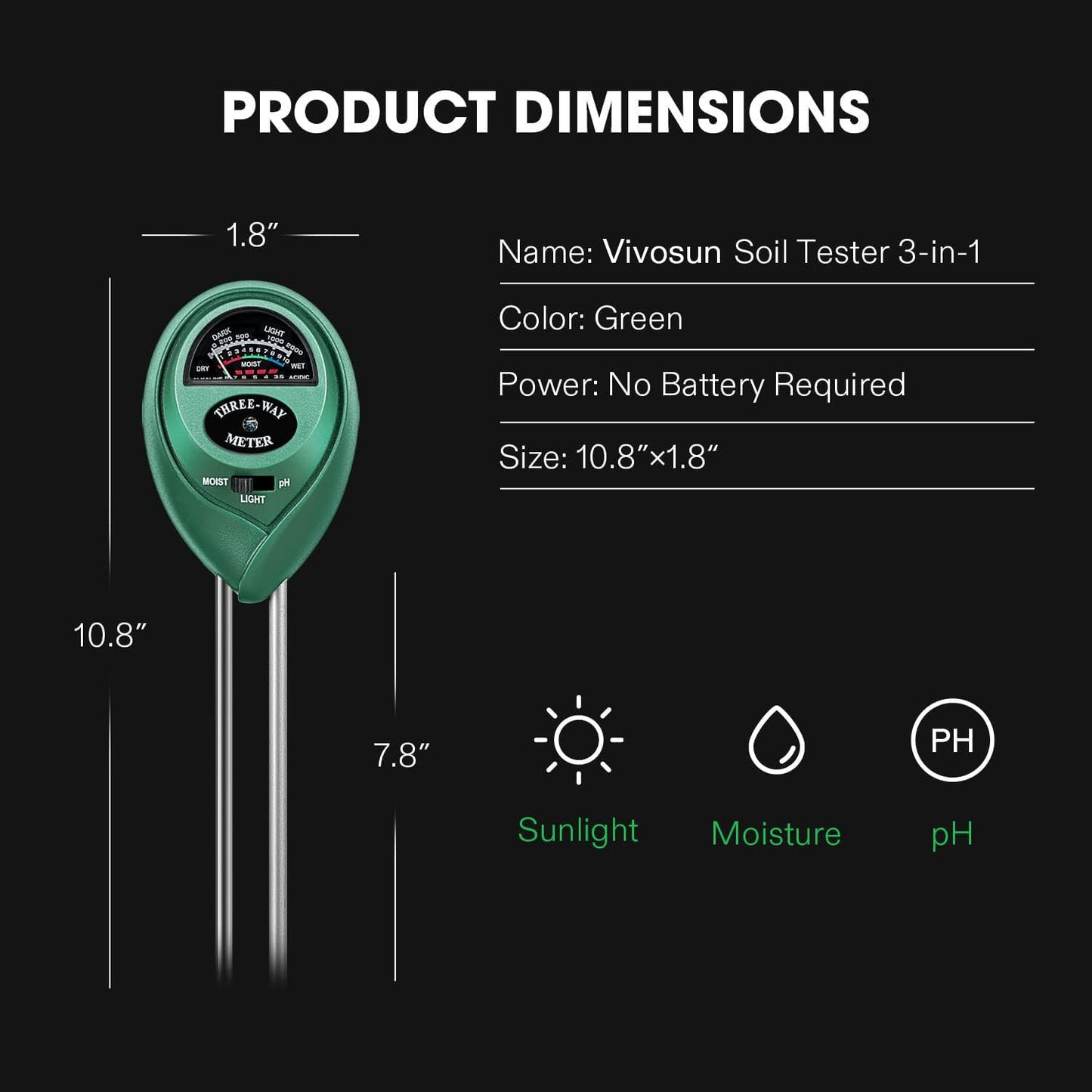 VIVOSUN Soil Tester, 3-in-1 Plant Moisture Meter Light and PH Tester for Home, Garden, Lawn, Farm